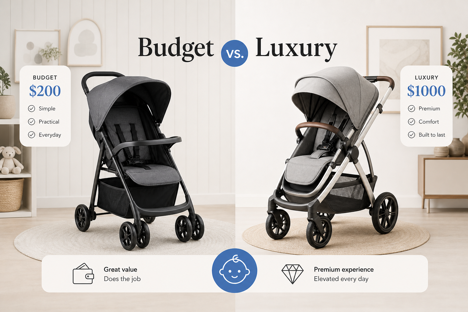 Comparison of budget and luxury strollers side by side