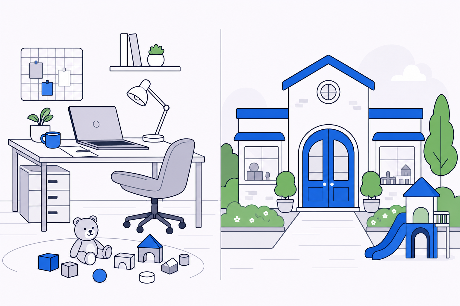 Split illustration comparing a home desk with childcare distractions on the left and a daycare building on the right