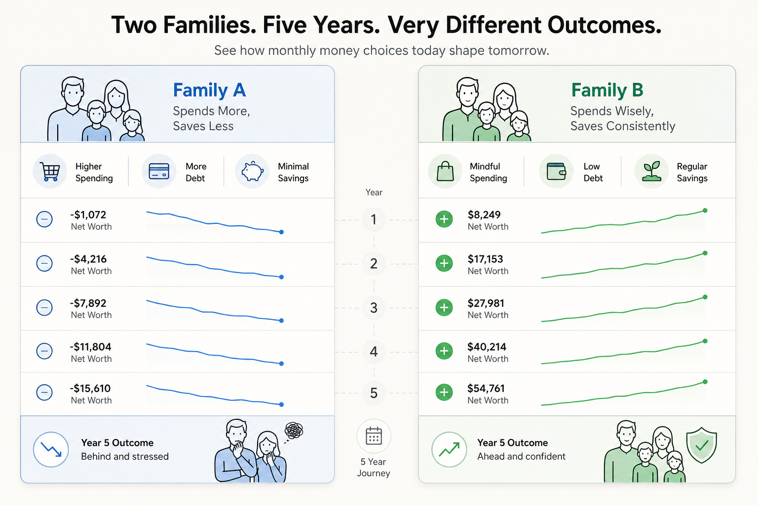 Financial comparison of stay-at-home parent vs dual income household over 5 years