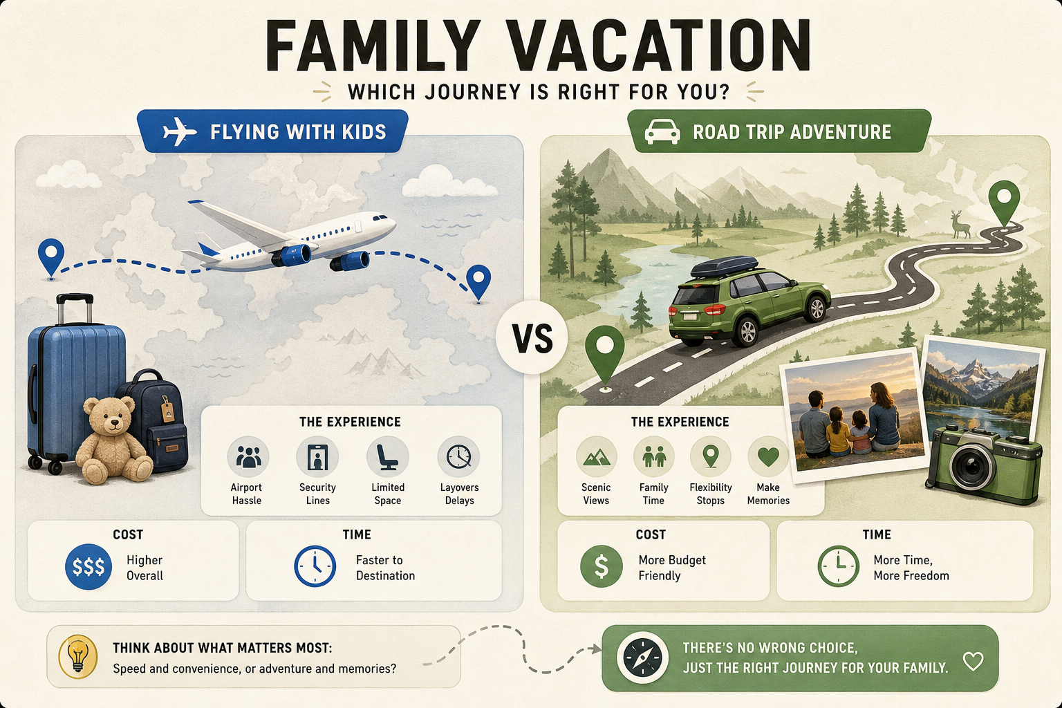 Cost comparison of flying versus road trips for family vacations