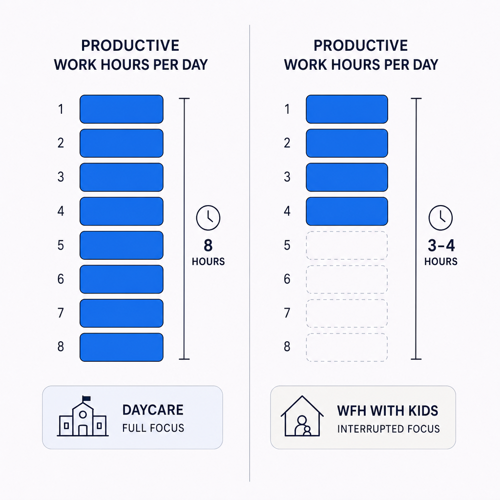 Focused work hours per day: daycare (8 hours filled) vs WFH with kids (3-4 hours)